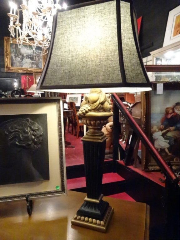 LARGE NEOCLASSICAL LAMP, BLACK AND GOLD, WITH FRUIT (1 of 3)