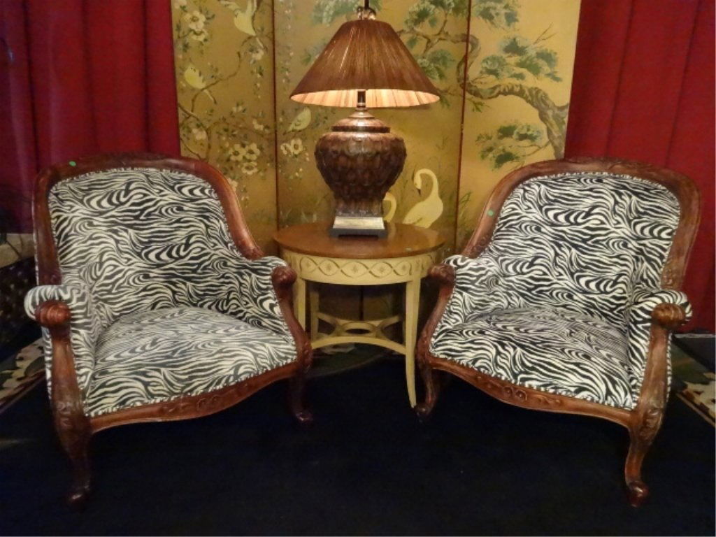 PAIR LOUIS XV STYLE ARMCHAIRS, ZEBRA STRIPE UPHOLSTERY, (1 of 6)