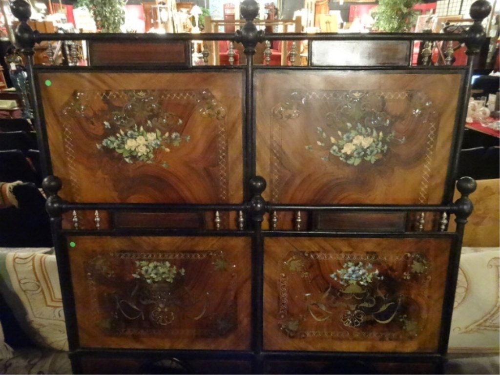 19TH CENTURY TOLE PAINTED FAUX WOOD METAL BED, WITH (1 of 8)