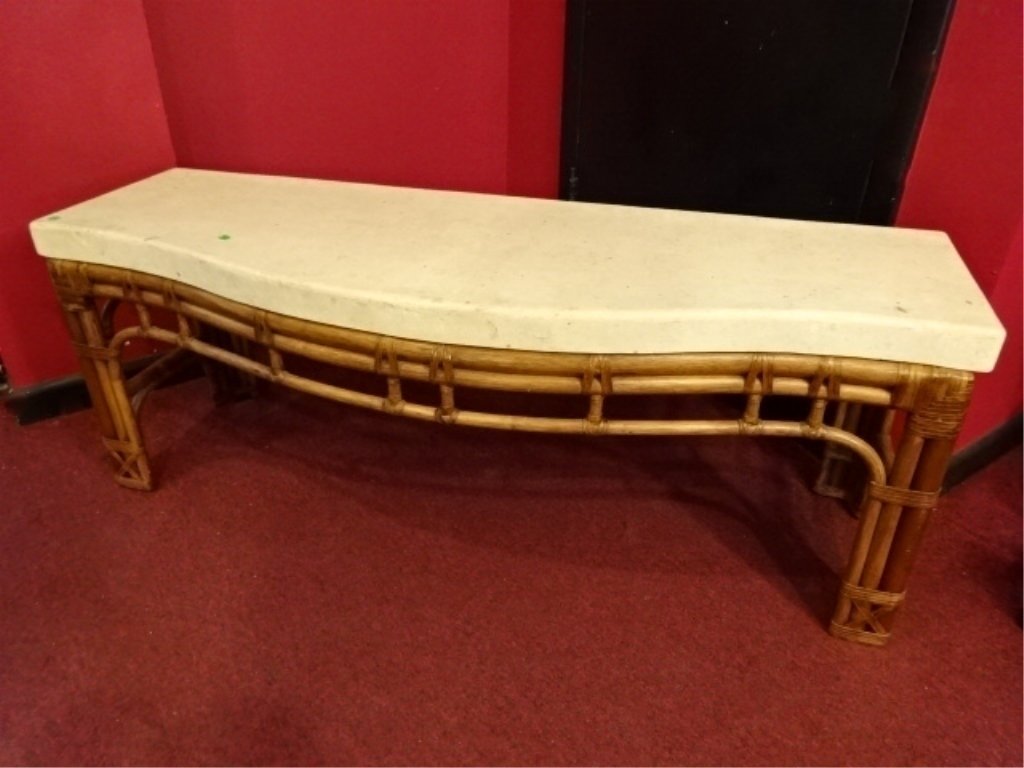 RATTAN AND WOOD STONE TOP BENCH, EXCELLENT GENTLY USED (1 of 4)