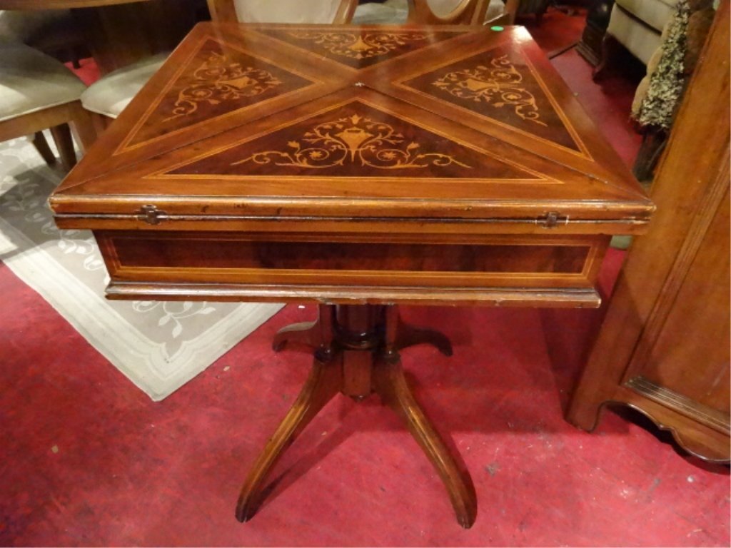 FLIP TOP MARQUETRY CARD TABLE, GOLD EMBOSSED GREEN (1 of 9)