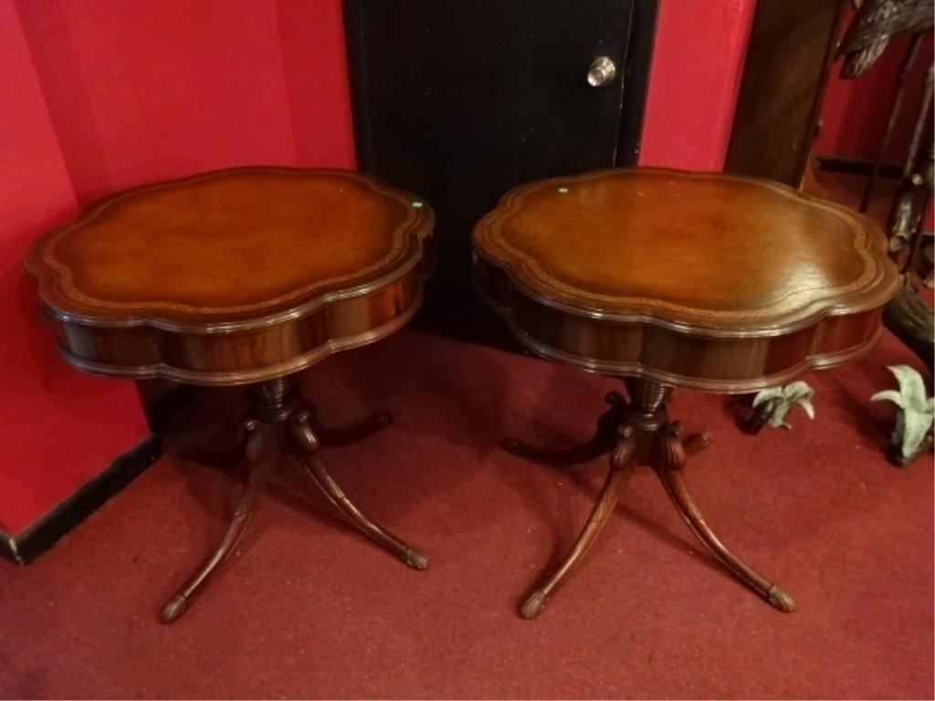 PAIR MAHOGANY PEDESTAL TABLES, EMBOSSED LEATHER TOPS, (1 of 9)