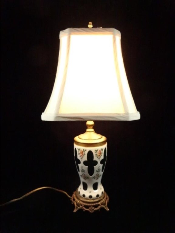BAVARIAN LAMP, WHITE CUT TO GREEN GLASS, APPROX 18"H: BAVARIAN LAMP, WHITE CUT TO GREEN GLASS, APPROX 18"H