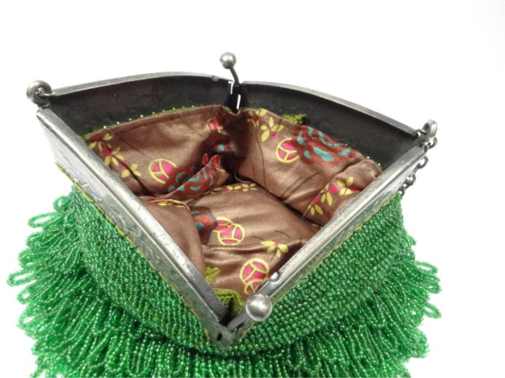 VINTAGE PURSE, GREEN BEADS WITH SILVER TONE METAL, (1 of 3)