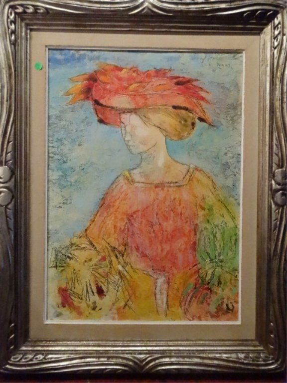 LAZZARO DONATI ACRYLIC PAINTING, LADY WITH RED HAT, (1 of 10)