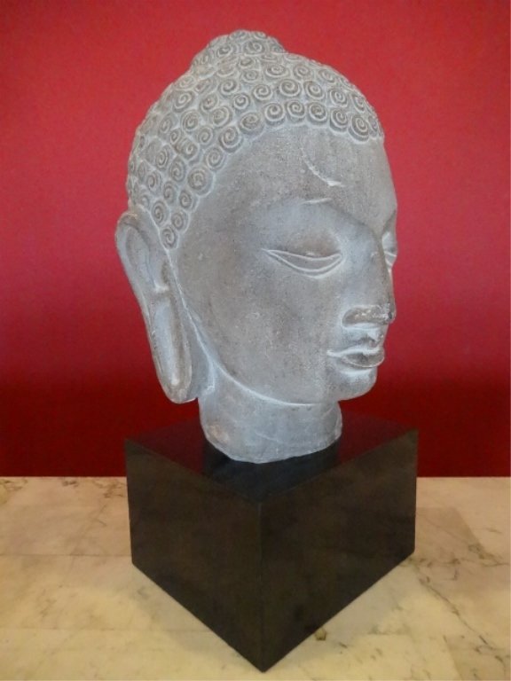 CERAMIC BUDDHA HEAD SCULPTURE, ON SQUARE BASE, APPROX (1 of 5)