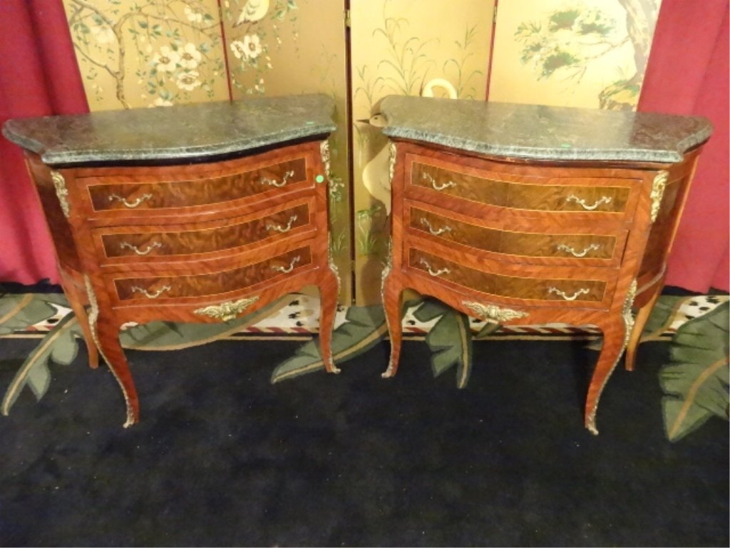 PAIR LOUIS XV STYLE BOMBE CHESTS, 3 DRAWERS, GILT METAL (1 of 10)