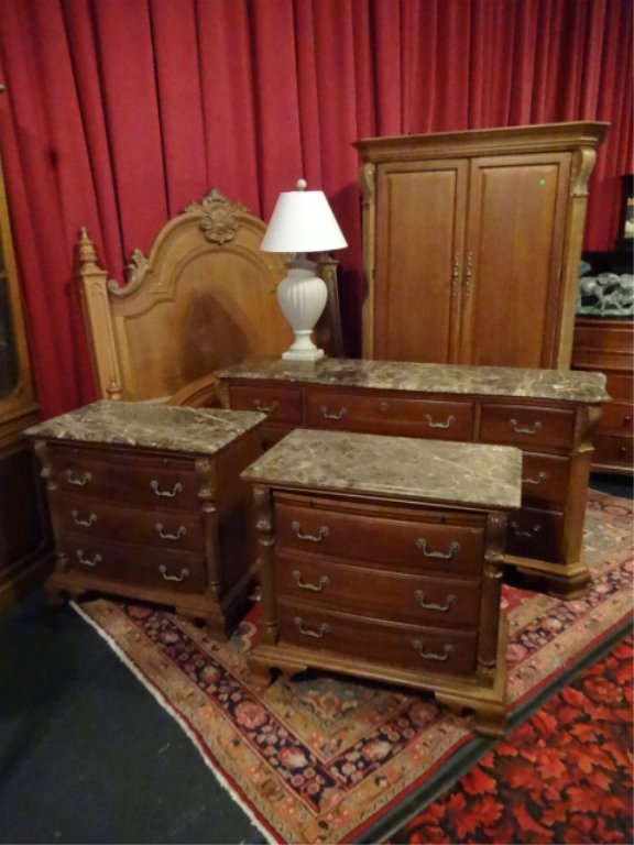 6 PC MARBLE TOP KING BEDROOM SET, INCLUDES HEADBOARD, F (1 of 10)