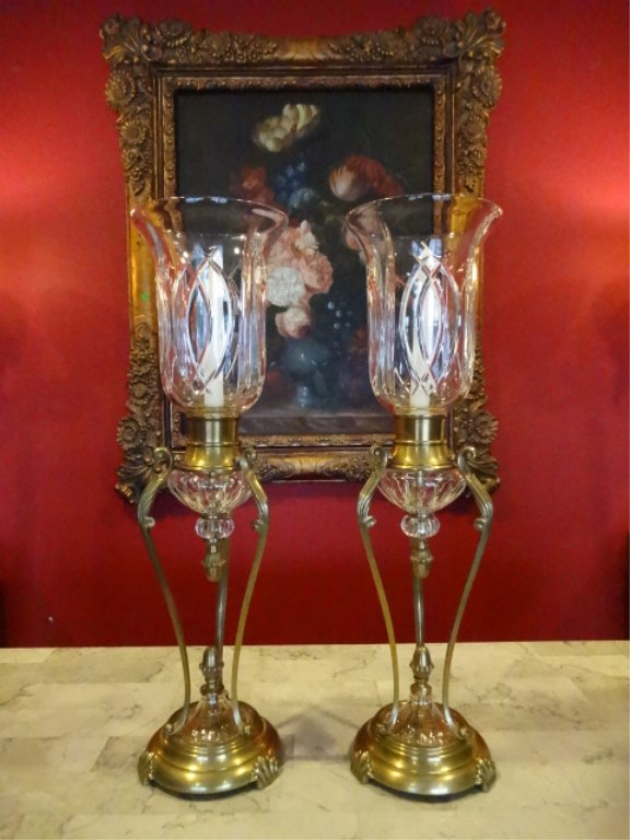 PAIR LARGE CRYSTAL AND BRASS CANDLE HOLDERS, EXCELLENT (1 of 7)