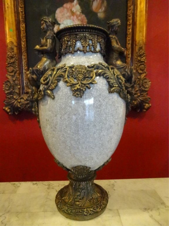 LARGE PORCELAIN AND BRONZE URN, FIGURAL HANDLES, (1 of 7)