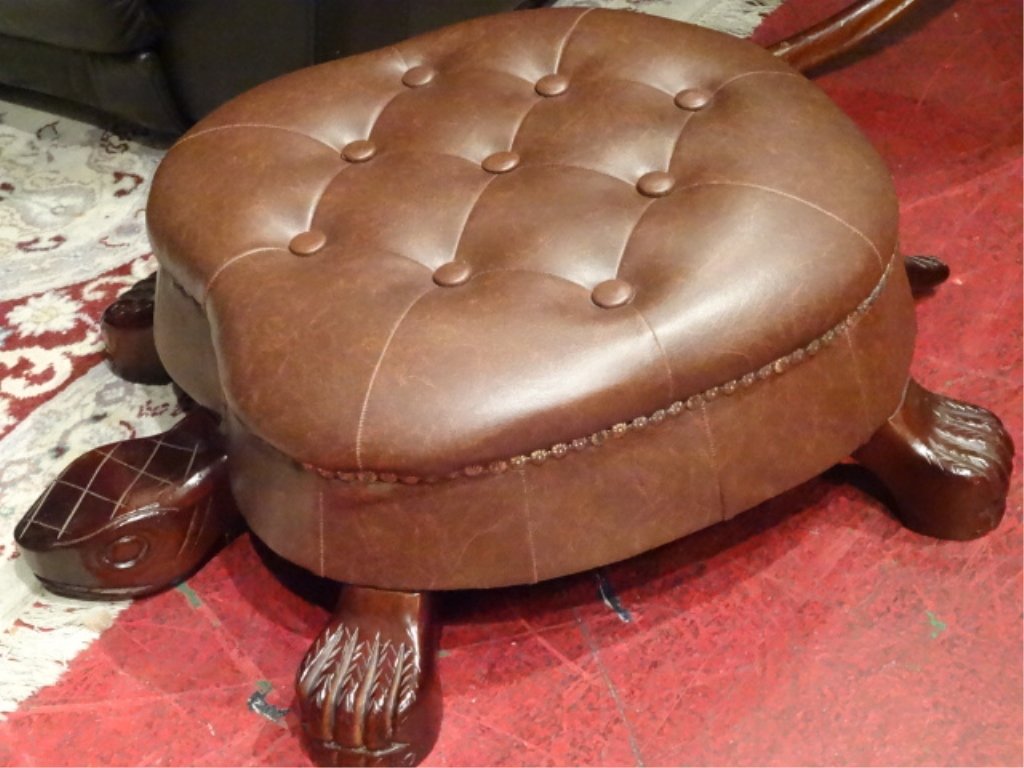 TORTOISE FORM LEATHER OTTOMAN, CARVED WOOD BASE, TUFTED (1 of 5)