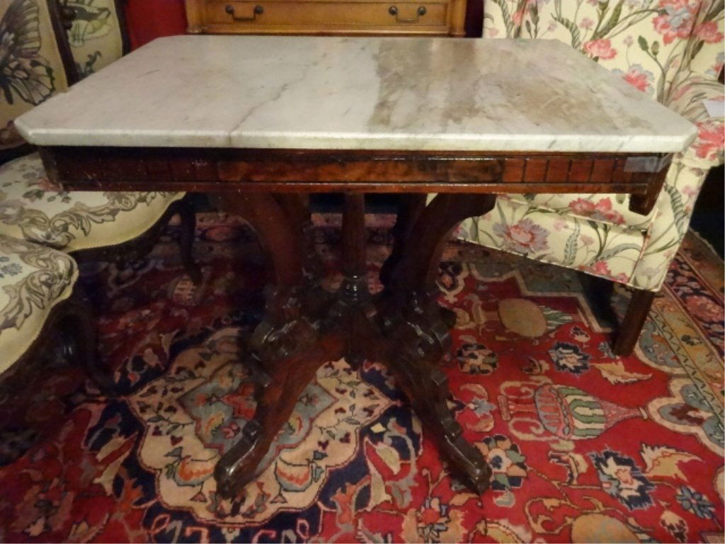 VICTORIAN MARBLE TOP TABLE, DARK FINISH, VERY GOOD (1 of 6)