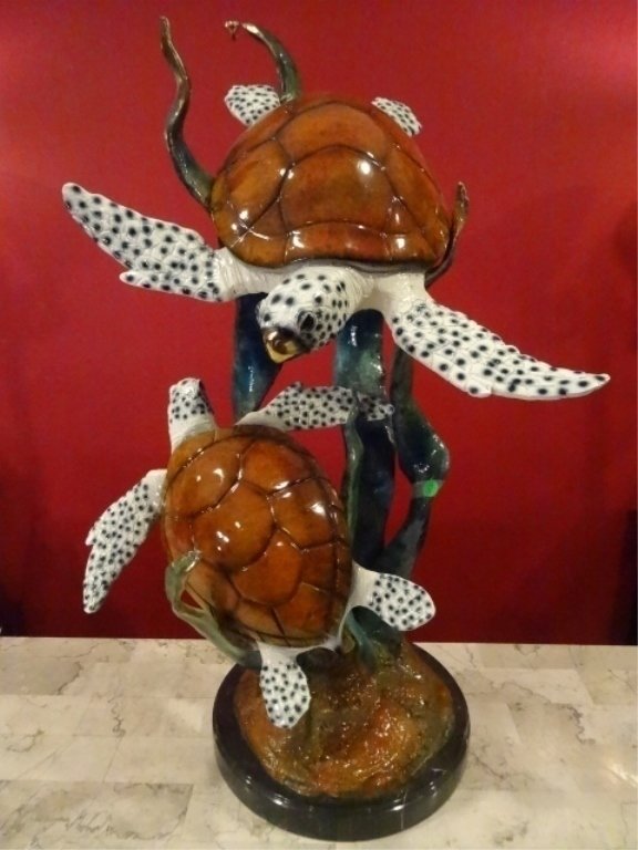 LARGE PATINATED BRONZE SEA TURTLE SCULPTURE, TWO SEA (1 of 10)
