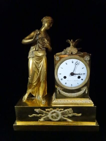 FRENCH DORE BRONZE AND BRASS MANTEL CLOCK, WOMAN WITH (1 of 10)