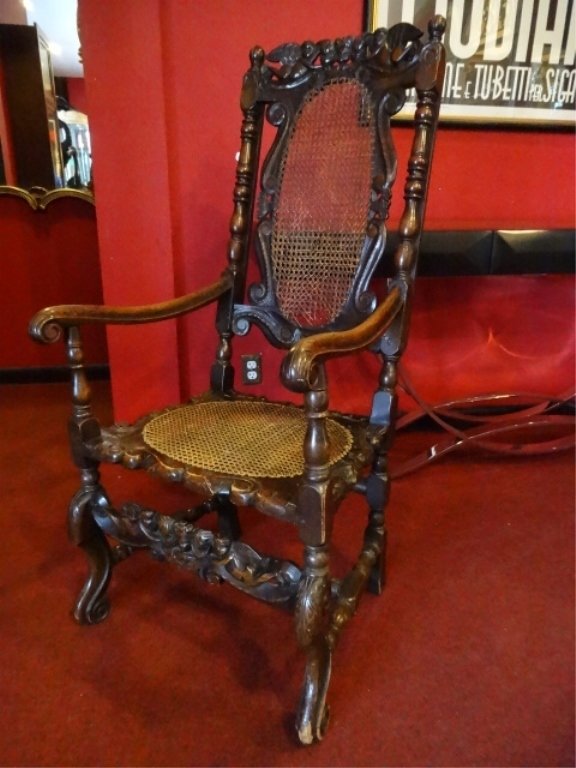 19TH C. CARVED WOOD ARMCHAIR, CANE BACK AND SEAT, VERY (1 of 9)