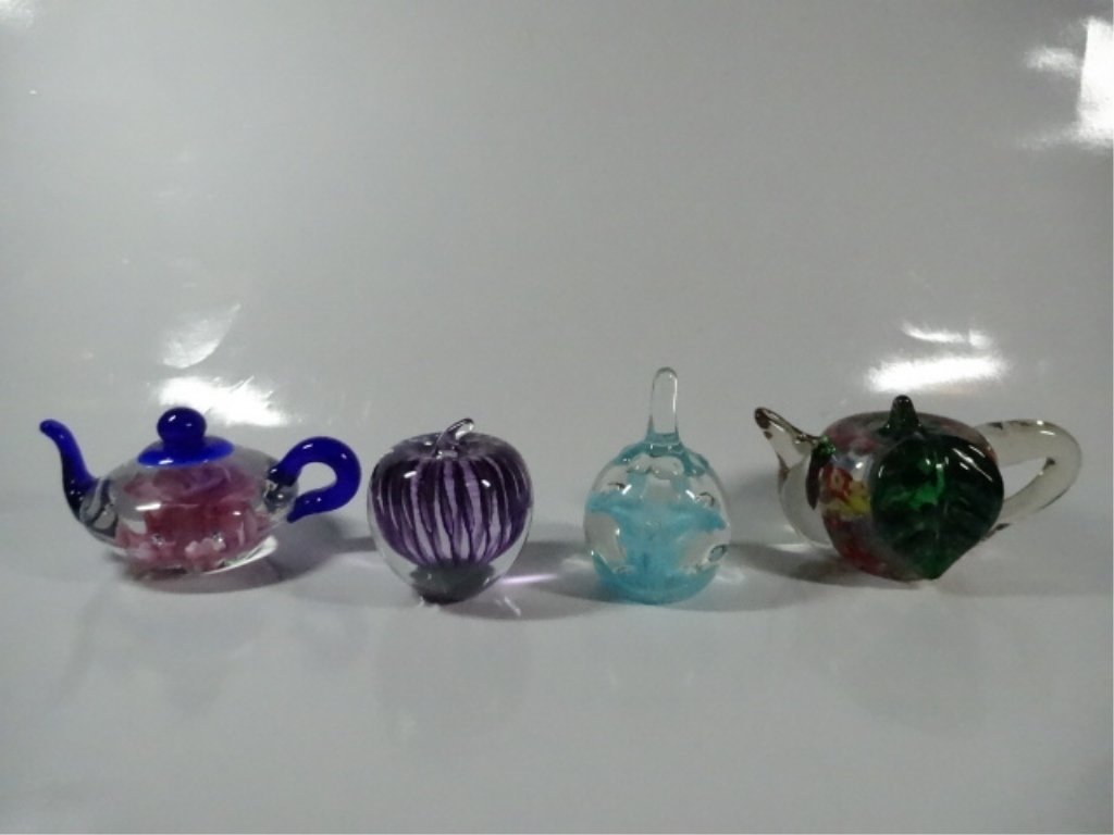 4 PC ART GLASS PAPERWEIGHTS, 2 TEAPOTS, BLUE TEARDROP, (1 of 10)