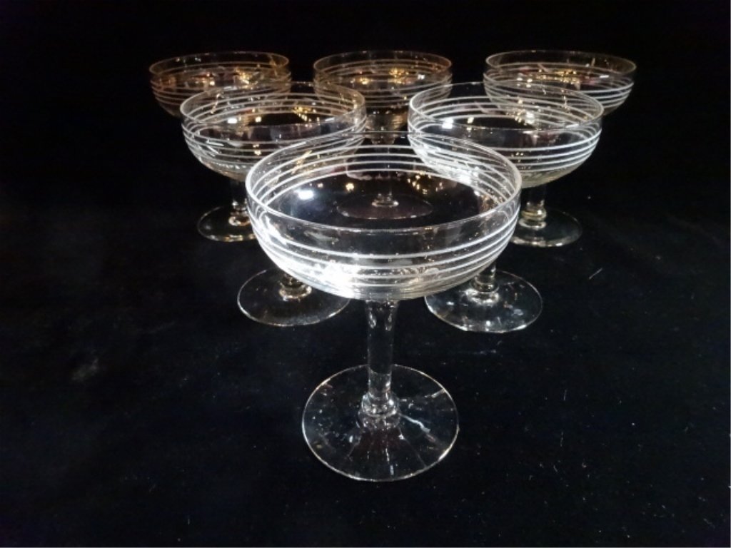 6 VINTAGE SAUCER CHAMPAGNE GLASSES ETCHED BAND DESIGNS, (1 of 4)