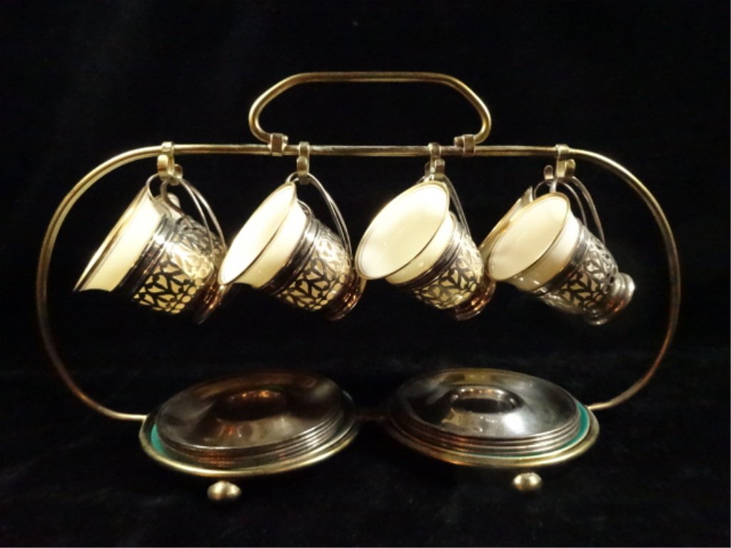 8 LENOX DEMITASSE CUPS, 9 STERLING SILVER CUP HOLDERS,