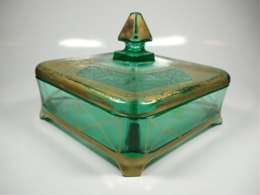 GREEN DEPRESSION GLASS DIVIDED BOWL WITH LID, GOLD TRIM (1 of 5)