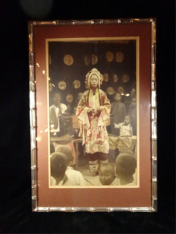 VINTAGE HANDTINTED PHOTOGRAPH, CHINESE WOMAN WITH LOTUS: VINTAGE HANDTINTED PHOTOGRAPH, CHINESE WOMAN WITH LOTUS FEET IN FORMAL DRESS, FRAMED SIZE APPROX 24.75" X 16.25"