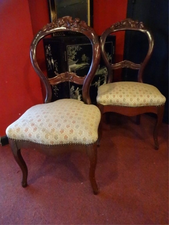 PAIR VICTORIAN PARLOR CHAIRS, CARVED WOOD FRAMES, (1 of 6)