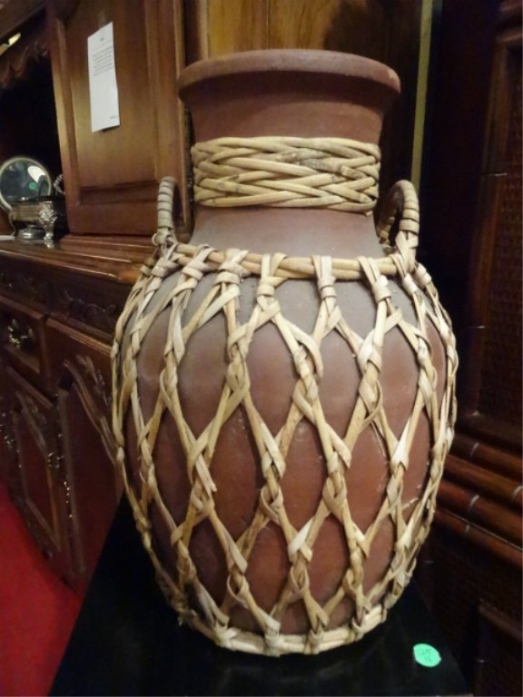TERRA COTTA URN IN RATTAN WRAP, APPROX 14"H, SKU759.16: TERRA COTTA URN IN RATTAN WRAP, APPROX 14"H, SKU759.16