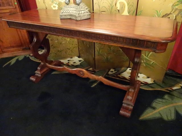 1920's CARVED WOOD CONSOLE TABLE, CARVED APRON AND (1 of 8)