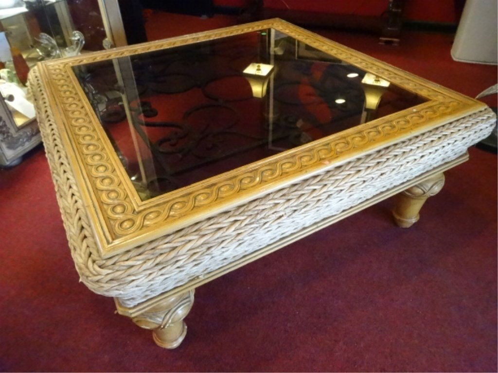 WOOD AND RATTAN COFFEE TABLE, SMOKE GLASS INSET TOP,: WOOD AND RATTAN COFFEE TABLE, SMOKE GLASS INSET TOP, VERY GOOD CONDITION WITH SOME WEAR TO FINISH, APPROX 3.5' 3.5' , SKU714.11