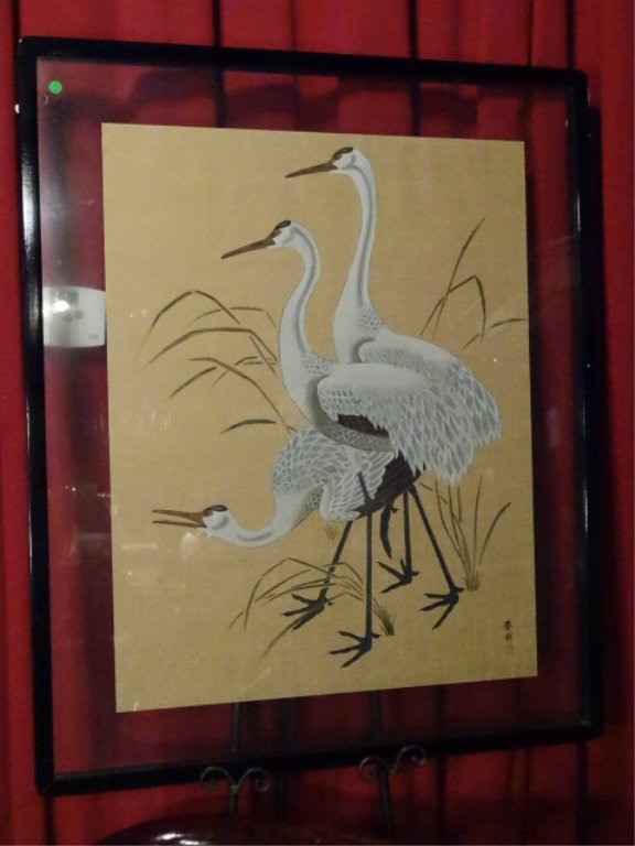 LARGE CHINESE PAINTING ON PAPER, 3 CRANES, CHOPMARK (1 of 7)
