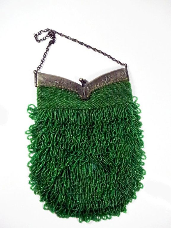 VINTAGE PURSE, GREEN BEADS WITH SILVER TONE METAL, (1 of 6)