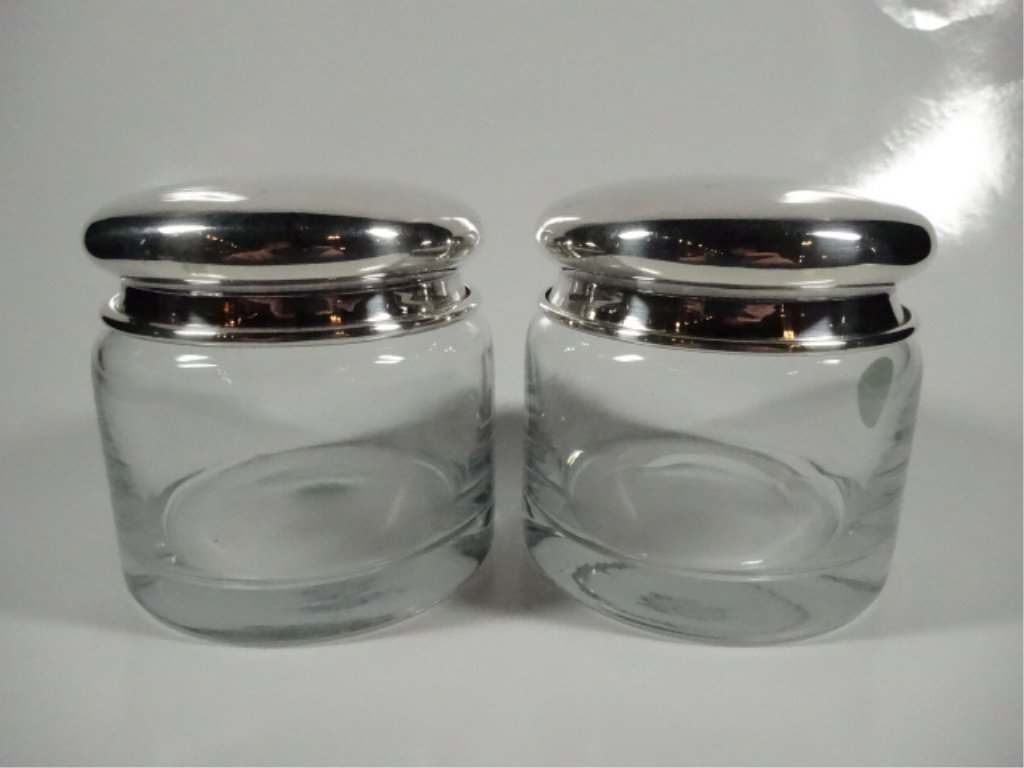 PAIR COVERED GLASS CANISTERS, APPROX 4"H: PAIR COVERED GLASS CANISTERS, APPROX 4"H