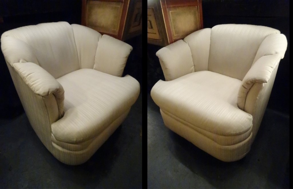 PAIR SWIVEL TUB CHAIRS BY ROWE, WHITE UPHOLSTERY, GOOD (1 of 9)