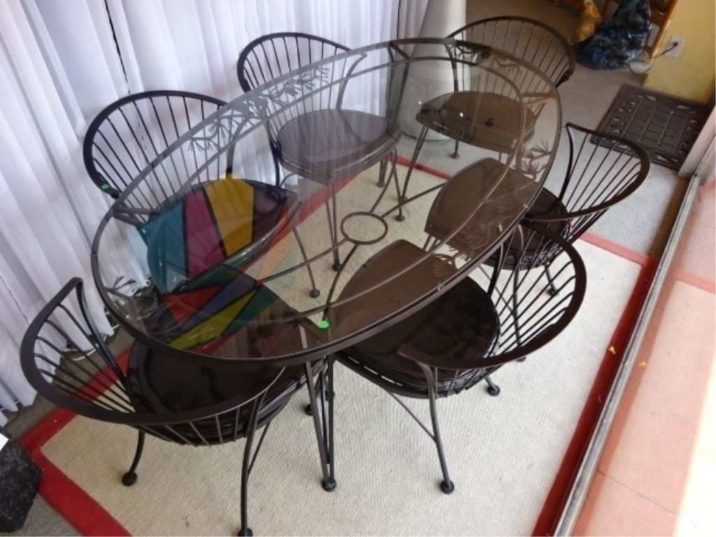 MID CENTURY WOODARD WROUGHT IRON DINING TABLE AND 6 (1 of 8)