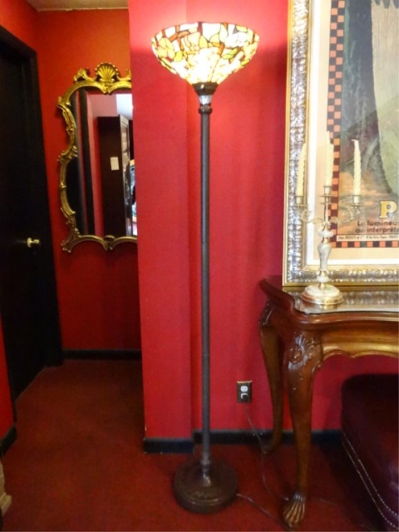 TIFFANY STYLE STAINED LEADED GLASS FLOOR LAMP, FLORAL, (1 of 8)