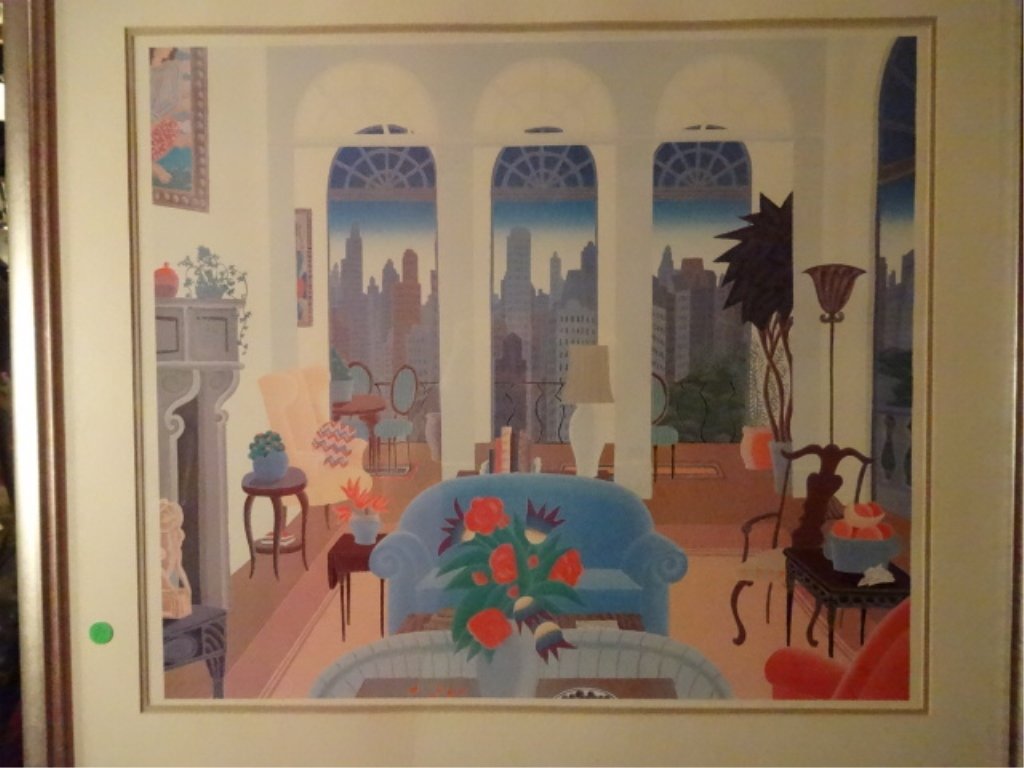 LARGE THOMAS MCKNIGHT LITHOGRAPH, TITLED BLUE COUCH, IN: LARGE THOMAS MCKNIGHT LITHOGRAPH, TITLED BLUE COUCH, IN SILVER FINISH WOOD FRAME, FRMED SIZE 32" X 35", SKU764.21