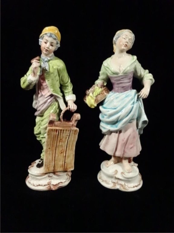 2 PC ITALIAN PORCELAIN FIGURINES, MAN & WOMAN, CHIP TO: 2 PC ITALIAN PORCELAIN FIGURINES, MAN & WOMAN, CHIP TO SLED RUNNER ON MAN'S FIGURINE (PHOTO 8), APPROX 8.5"H