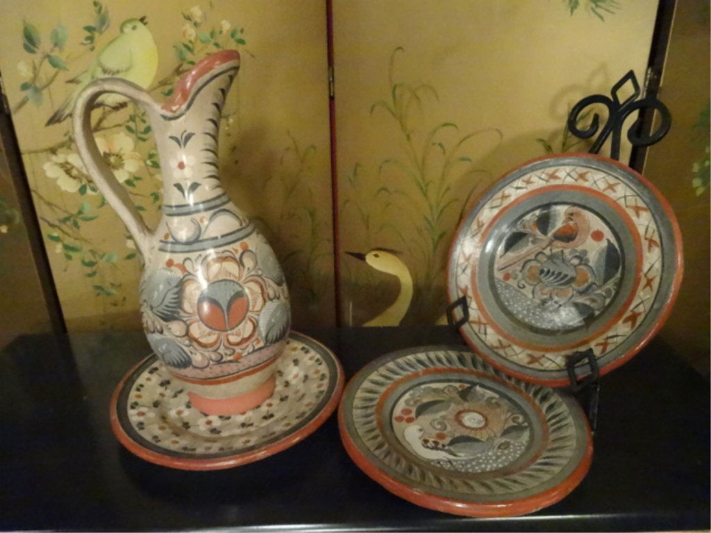 4 PC SET PAINTED CERAMIC PITCHER AND PLATES, PITCHER (1 of 6)