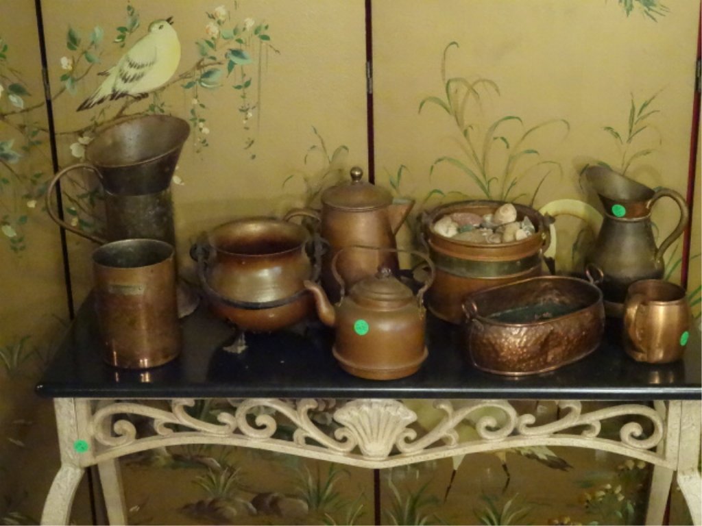 9 PC GROUP COPPER AND METAL SERVEWARE. VARIOUS SIZES,: 9 PC GROUP COPPER AND METAL SERVEWARE. VARIOUS SIZES, LARGEST APPROX 10"H, SKU781.15