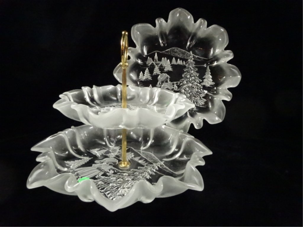 2 PC CRYSTAL PASTRY STAND & PLATTER, CHRISTMAS SCENE, (1 of 3)