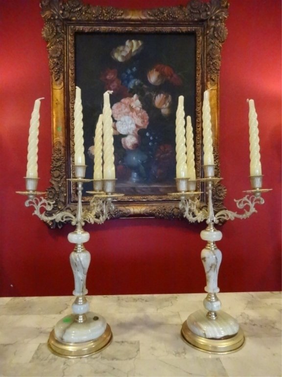 PAIR ONYX AND BRASS CANDELABRA, 4 LIGHTS EACH, (1 of 7)