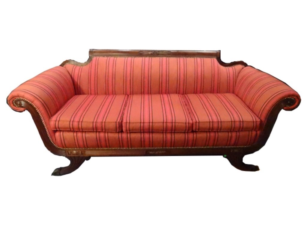 VINTAGE DUNCAN PHYFE SOFA WITH NEW RED STRIPED MOIRE: VINTAGE DUNCAN PHYFE SOFA WITH NEW RED STRIPED MOIRE UPHOLSTERY, EXCELLENT CONDITION