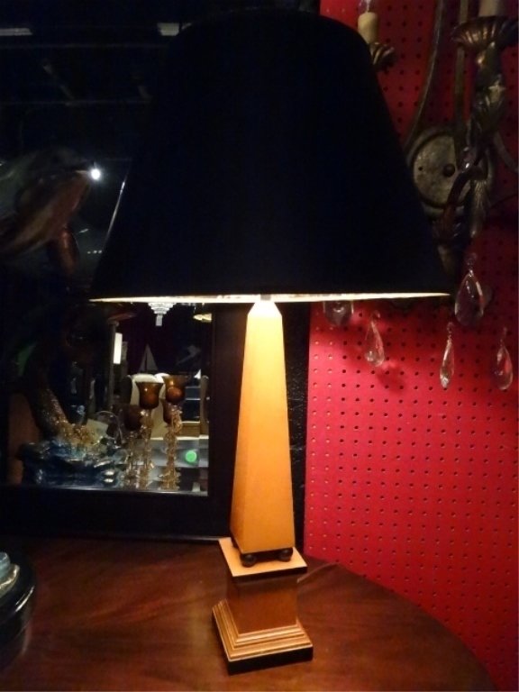 NEOCLASSICAL WOOD OBELISK LAMP, EBONIZED ACCENTS, LIGHT: NEOCLASSICAL WOOD OBELISK LAMP, EBONIZED ACCENTS, LIGHT FINISH, BLACK SHADE, APPROX 28"H SKU730.04