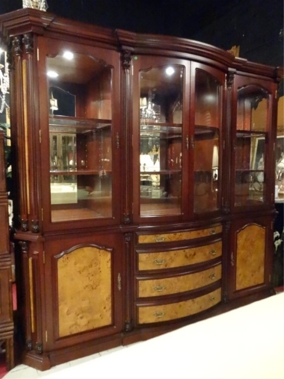 LIGHTED BURL WOOD BREAKFRONT, MADE IN SPAIN, LIGHTED: LIGHTED BURL WOOD BREAKFRONT, MADE IN SPAIN, LIGHTED INTERIOR, MIRRORED BACK, GLASS INSET SHELVES, 4 GLAZED DOORS ABOVE 4 DRAWERS FLANKED BY TWIN CABINETS, BURL WOOD PANELS, EXCELLENT GENTLY USED COND