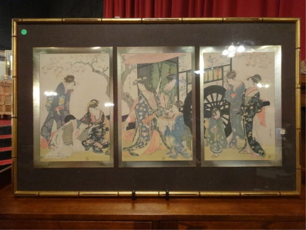 FRAMED JAPANESE WOODBLOCK TRIPTYCH, FIGURAL SCENES, (1 of 9)