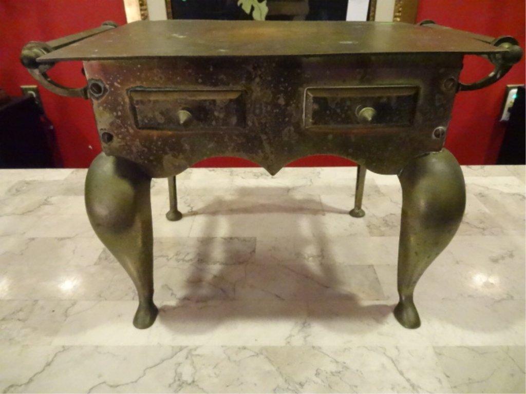 SMALL BRASS STOOL OR TABLE, CABRIOLE LEGS, 2 HANDLES, (1 of 3)