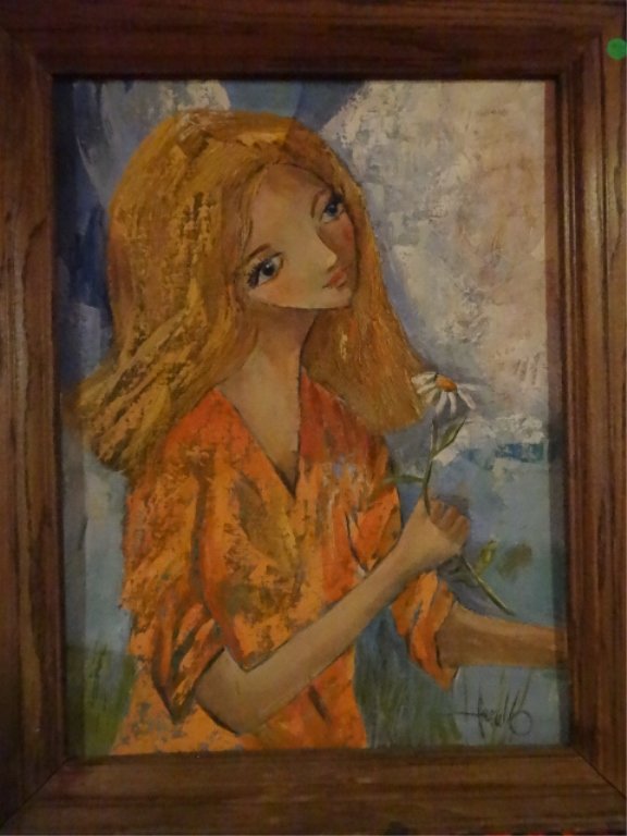 EDITH FERULLO OIL ON CANVAS PAINTING, GIRL WITH DAISY: EDITH FERULLO OIL ON CANVAS PAINTING, GIRL WITH DAISY AND BIG EYES, SIGNED FERULLO LOWER RIGHT, FRAMED SIZE 29.5" X 23.5", SKU788.57