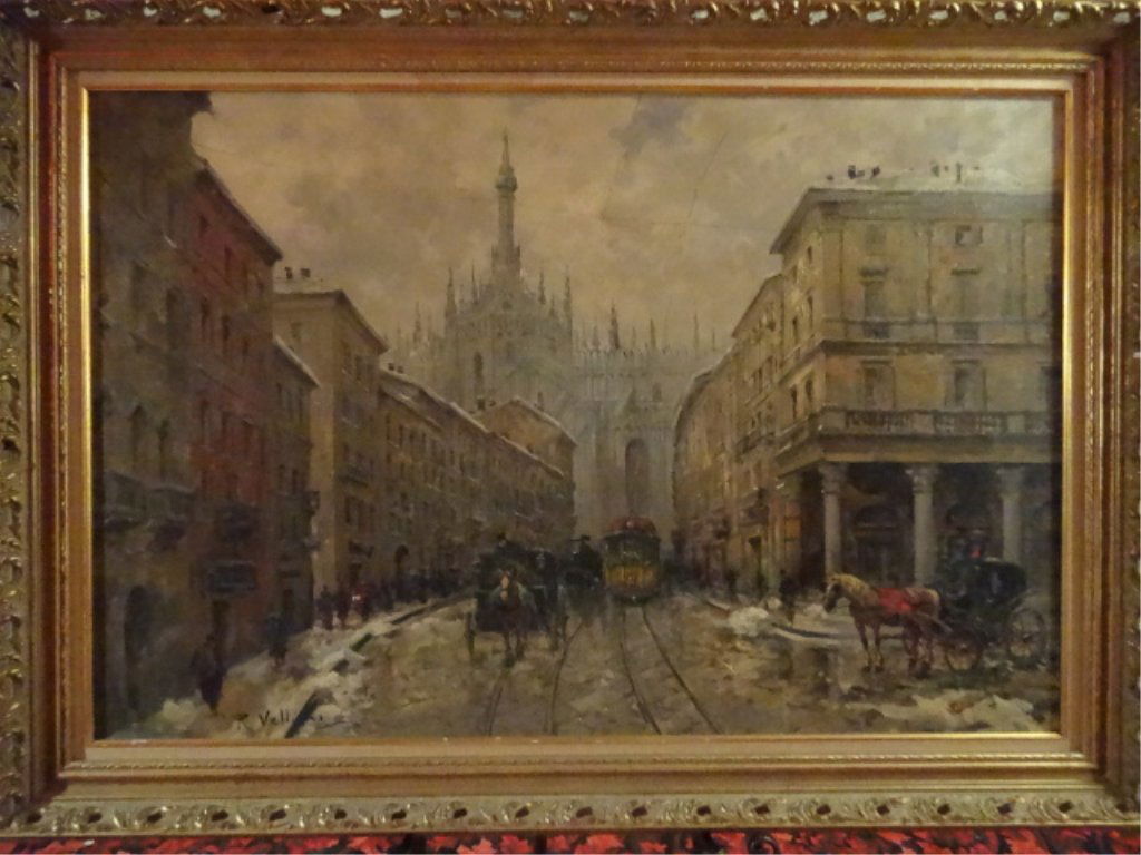 R. VELLINI (ITALIAN 20TH C.) OIL ON CANVAS PAINTING,: R. VELLINI (ITALIAN 20TH C.) OIL ON CANVAS PAINTING, ITALIAN CITY SCENE, LISTED ARTIST NOTED AS A LEADING POST-IMPRESSIONIST PAINTER, SIGNED R. VELLINI LOWER RIGHT, PROVENANCE VAN PELT GALLERIES, FRAM