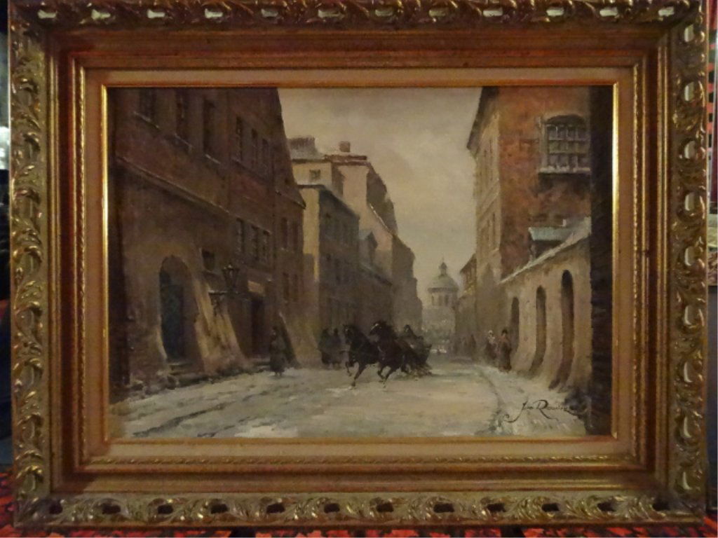 JAN RAWICZ OIL ON CANVAS PAINTING, WARSAW CITY SCENE: JAN RAWICZ OIL ON CANVAS PAINTING, WARSAW CITY SCENE WITH HORSE DRAWN CARRIAGE, PROVENANCE VAN PELT GALLERIES, SIGNED LOWER RIGHT, FRAMED SIZE 27" X 21", CANVAS SIZE 22" X 16". SKU791.02