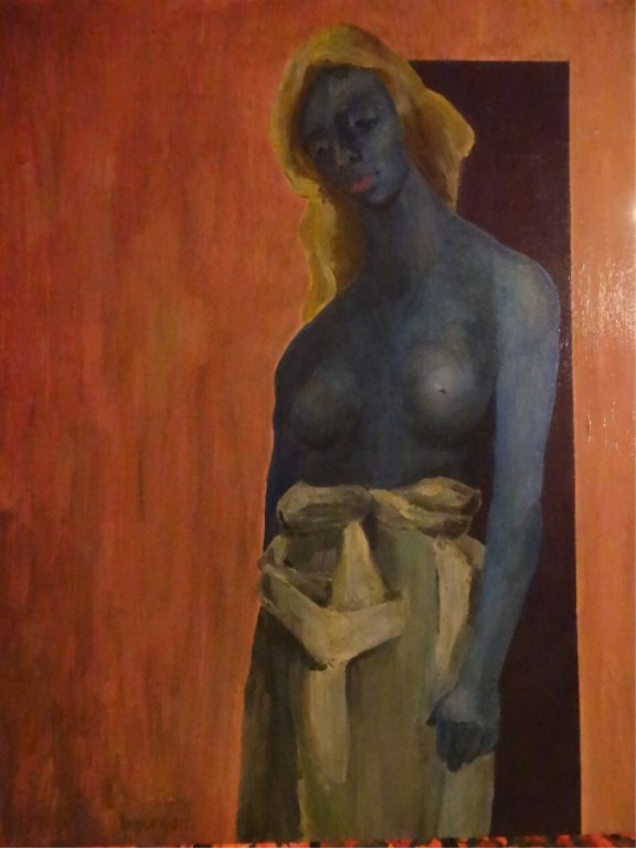 BAUMAN SIGNED PAINTING ON CANVAS, BLUE LADY, SIGNED: BAUMAN SIGNED PAINTING ON CANVAS, BLUE LADY, SIGNED BAUMAN LOWER LEFT, UNFRAMED, 36"H X 28"W, SKU788.105RW45 1617