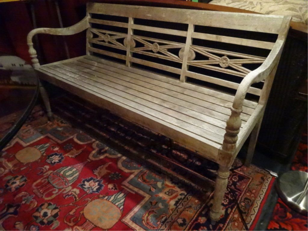 TEAK BENCH, TURNED LEGS, SLAT SEAT, SOLID GENTLY USED (1 of 4)